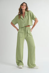 Sage Loungewear Set - Button-Up Crop Top & Wide-Leg Pants Simmer & Fay